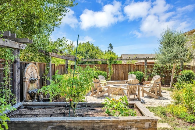 view of yard with a patio, an outdoor fire pit, a fenced backyard, and a vegetable garden