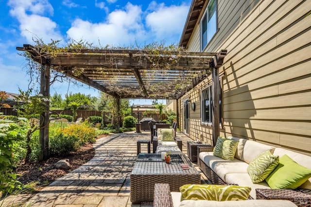 218 Saffron Ct, Napa, CA 94559 - view of patio / terrace featuring an outdoor living space, a fenced backyard, and a pergola