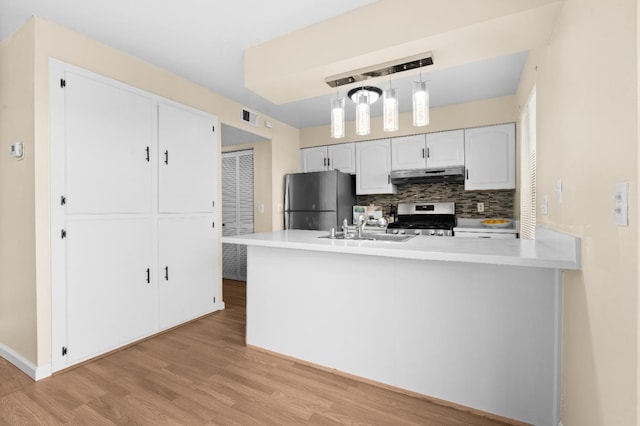 kitchen with light wood-type flooring, under cabinet range hood, tasteful backsplash, a sink, and stainless steel appliances