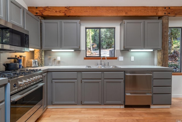 kitchen with gray cabinetry, backsplash, a sink, light wood-style flooring, and appliances with stainless steel finishes