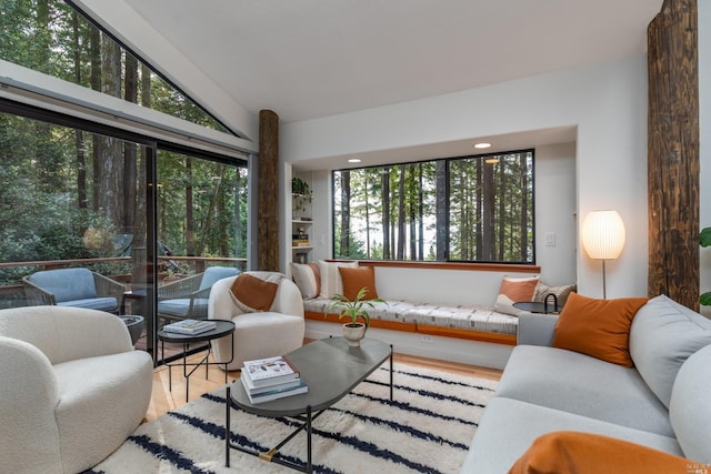 living room featuring lofted ceiling and wood finished floors