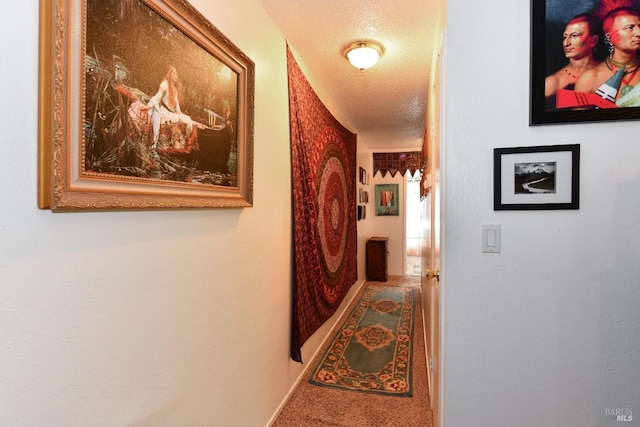 corridor with carpet floors and a textured ceiling