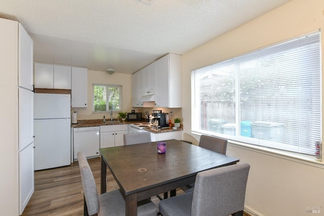 dining area with a textured ceiling and light wood-style floors