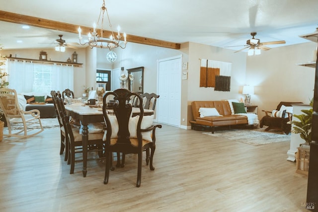 dining area with ceiling fan, wood finished floors, a chandelier, and baseboards