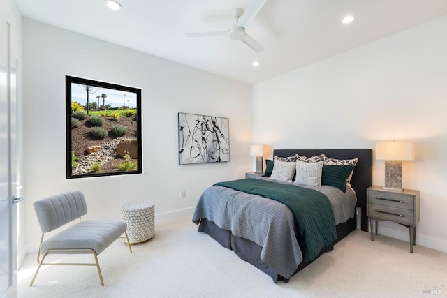 bedroom with light carpet, baseboards, ceiling fan, and recessed lighting