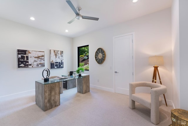 office featuring baseboards, ceiling fan, recessed lighting, and light carpet