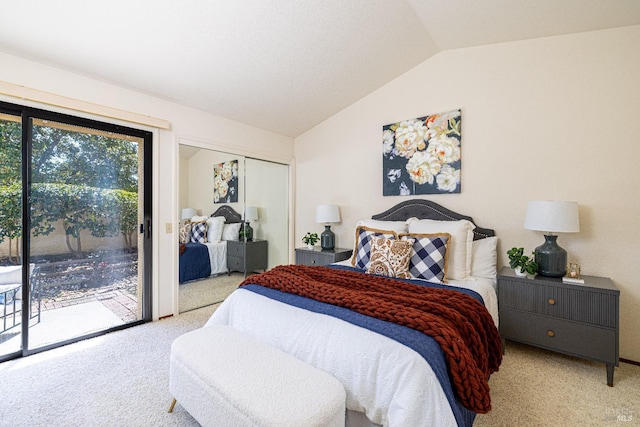 bedroom with lofted ceiling, carpet, and access to outside