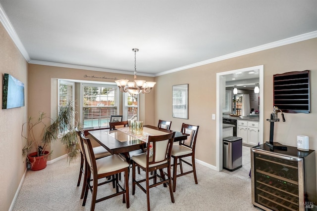 dining area featuring baseboards, ornamental molding, light carpet, beverage cooler, and a notable chandelier