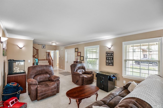 living area with carpet flooring, ornamental molding, baseboards, and stairs