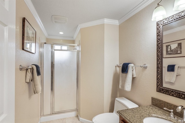 full bath with vanity, toilet, ornamental molding, a textured wall, and a stall shower