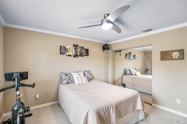 bedroom featuring visible vents, carpet, baseboards, and crown molding