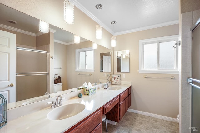 bathroom with toilet, a sink, ornamental molding, and a stall shower