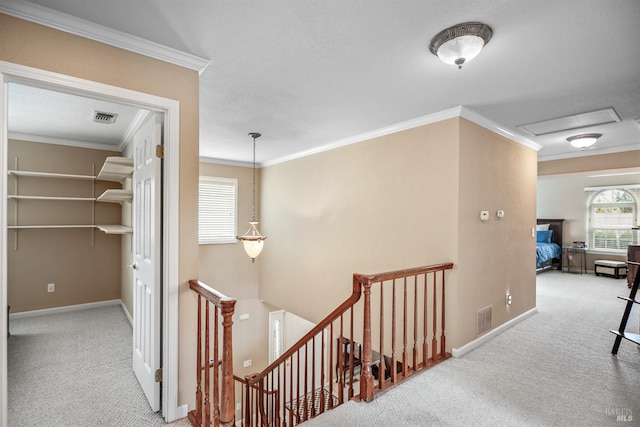 corridor featuring carpet floors, an upstairs landing, visible vents, and ornamental molding
