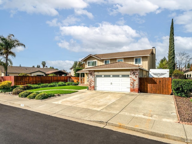 view of front of house featuring brick siding, fence, concrete driveway, and a garage