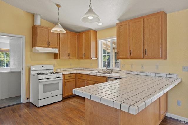 kitchen with a sink, a peninsula, dark wood finished floors, under cabinet range hood, and white range with gas cooktop