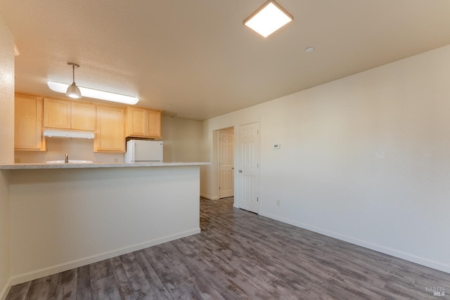 334 N Main St, Ukiah, CA 95482 - kitchen with freestanding refrigerator, light countertops, light brown cabinets, and dark wood-style floors