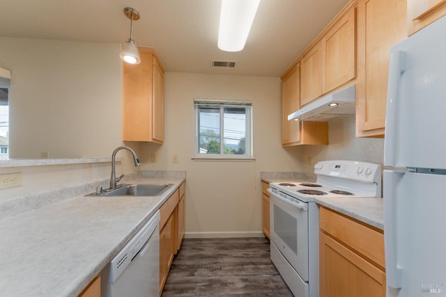 334 N Main St, Ukiah, CA 95482 - kitchen with light brown cabinets, under cabinet range hood, and white appliances