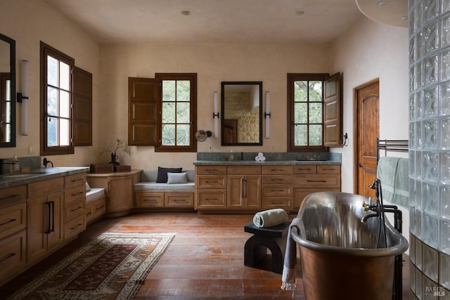 bathroom featuring a sink, a freestanding bath, and wood-type flooring