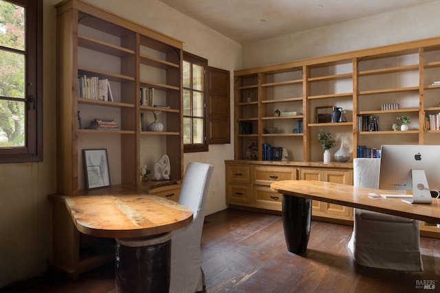 home office with dark wood-style floors