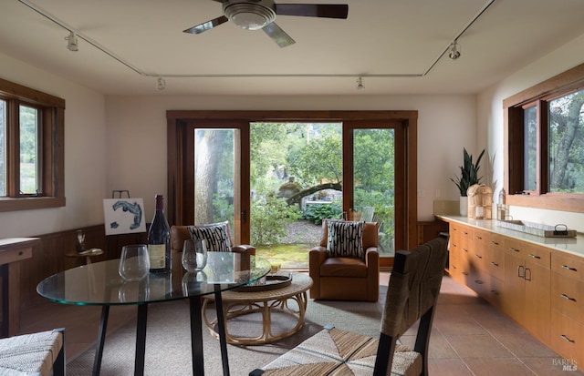 interior space with a ceiling fan, rail lighting, a healthy amount of sunlight, and wainscoting