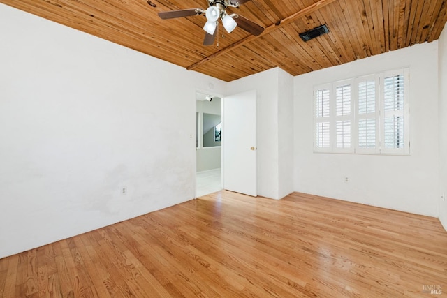 spare room featuring wood ceiling, wood finished floors, a ceiling fan, and visible vents