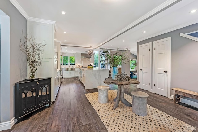 4071 Bones Rd, Sebastopol, CA 95472 - entrance foyer with baseboards, stairway, ornamental molding, recessed lighting, and wood finished floors