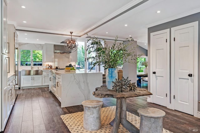 4071 Bones Rd, Sebastopol, CA 95472 - hallway featuring dark wood-type flooring, recessed lighting, and ornamental molding