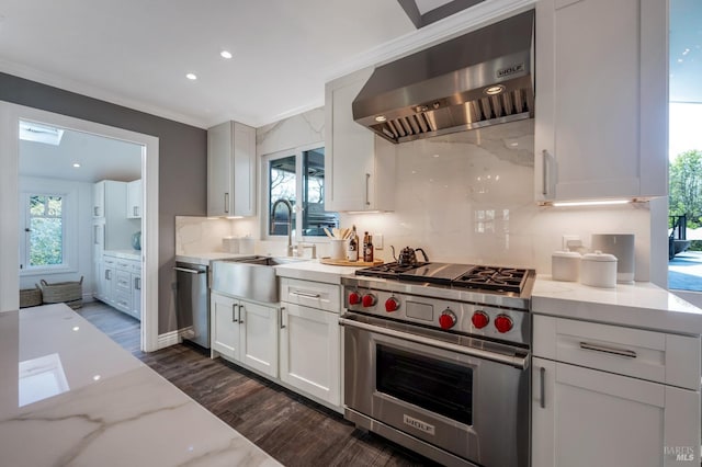 4071 Bones Rd, Sebastopol, CA 95472 - kitchen featuring premium appliances, wall chimney exhaust hood, a sink, open shelves, and white cabinetry
