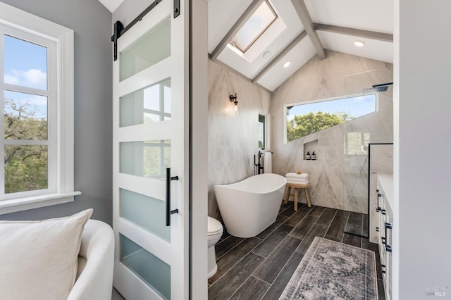 4071 Bones Rd, Sebastopol, CA 95472 - carpeted bedroom featuring baseboards, beam ceiling, a barn door, and high vaulted ceiling