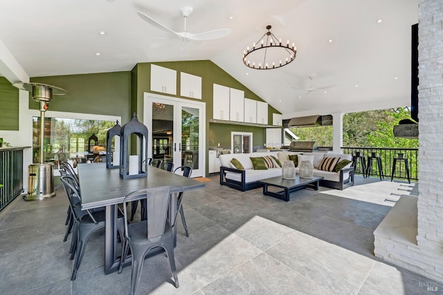 4071 Bones Rd, Sebastopol, CA 95472 - deck featuring an outdoor living space with a fire pit, a ceiling fan, and outdoor dining area