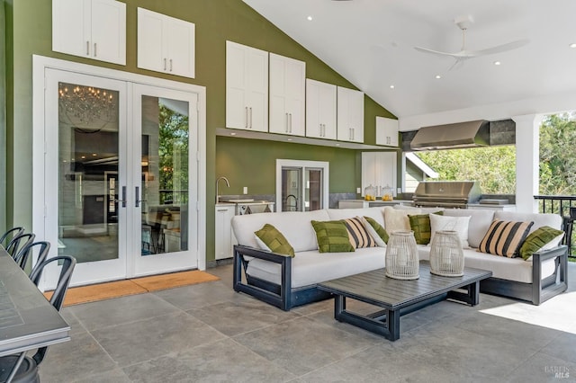 4071 Bones Rd, Sebastopol, CA 95472 - view of patio with outdoor lounge area, an outdoor kitchen, ceiling fan, outdoor dining area, and french doors