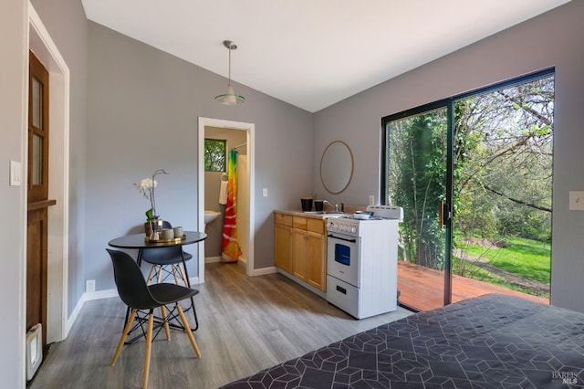 4071 Bones Rd, Sebastopol, CA 95472 - bedroom featuring light wood finished floors, lofted ceiling, baseboards, and ceiling fan