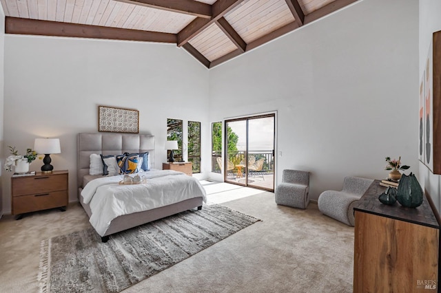 carpeted bedroom with wood ceiling, access to exterior, high vaulted ceiling, and beamed ceiling