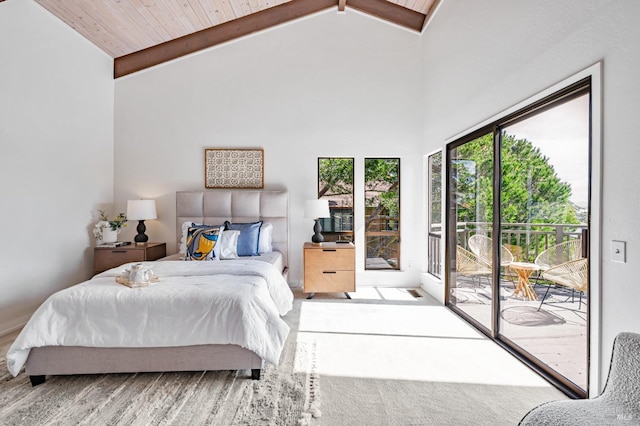 bedroom featuring high vaulted ceiling, access to outside, and beamed ceiling