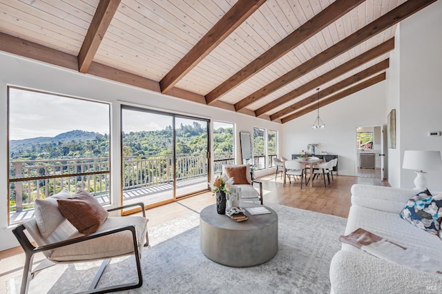 living area featuring beamed ceiling, high vaulted ceiling, wood finished floors, and wood ceiling