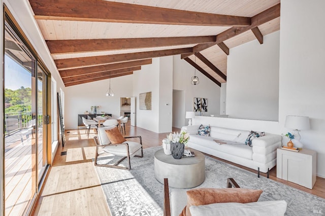 living area featuring beamed ceiling, high vaulted ceiling, wood finished floors, and wooden ceiling