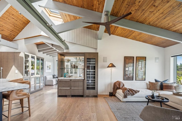 living room featuring high vaulted ceiling, a skylight, beamed ceiling, light wood-type flooring, and wood ceiling