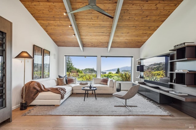 living area featuring wood ceiling, high vaulted ceiling, beamed ceiling, and wood finished floors