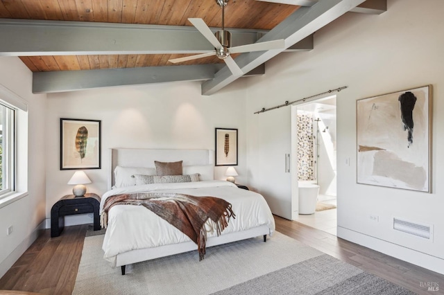 bedroom featuring wood ceiling, wood finished floors, visible vents, ensuite bathroom, and beamed ceiling