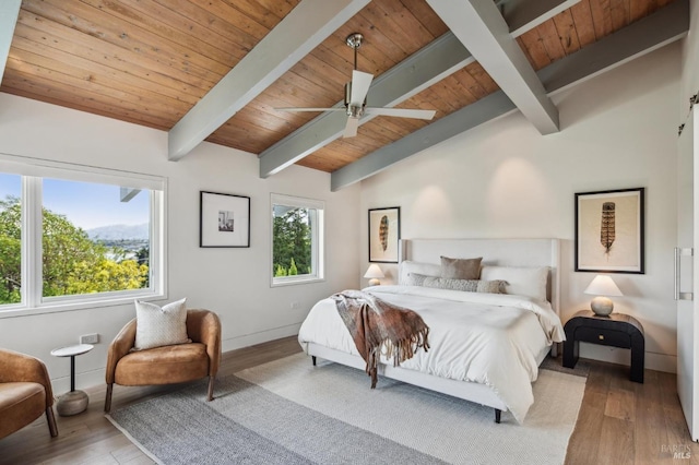 bedroom with wooden ceiling, lofted ceiling with beams, baseboards, a ceiling fan, and wood finished floors