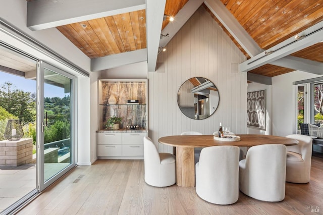 dining room featuring light wood-style flooring, wood ceiling, lofted ceiling with beams, and visible vents