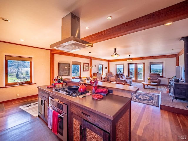 26300 Albion Ridge Rd, Albion, CA 95410 - kitchen featuring beam ceiling, a wood stove, dark wood-style floors, stainless steel appliances, and island exhaust hood