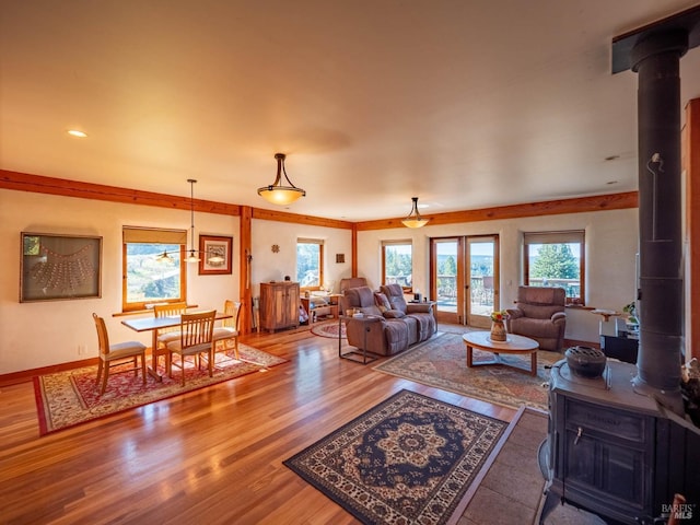 26300 Albion Ridge Rd, Albion, CA 95410 - living area with wood finished floors, recessed lighting, and a wood stove