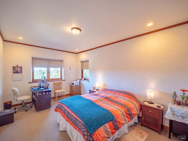 26300 Albion Ridge Rd, Albion, CA 95410 - bedroom with light carpet, baseboards, recessed lighting, and ornamental molding