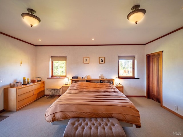26300 Albion Ridge Rd, Albion, CA 95410 - bedroom with baseboards, recessed lighting, crown molding, and light colored carpet