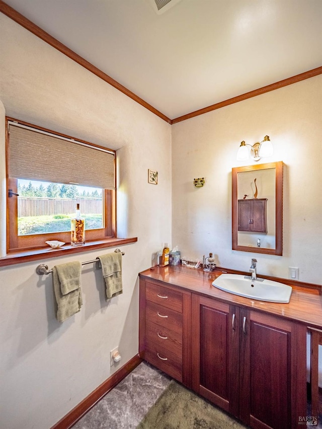 26300 Albion Ridge Rd, Albion, CA 95410 - bathroom featuring vanity, baseboards, and crown molding