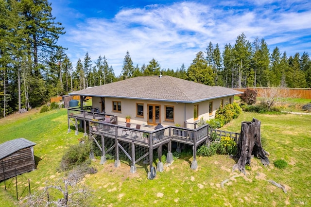 26300 Albion Ridge Rd, Albion, CA 95410 - back of house with stucco siding, fence, a wooden deck, and a yard