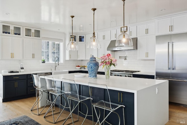 kitchen with light wood finished floors, extractor fan, white cabinets, and stainless steel appliances