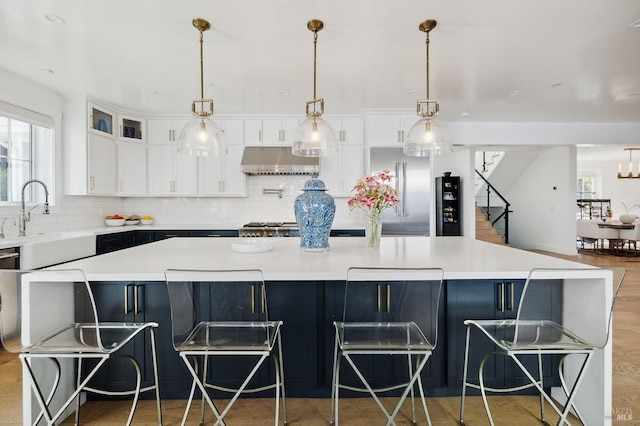 kitchen with under cabinet range hood, light countertops, a sink, and backsplash