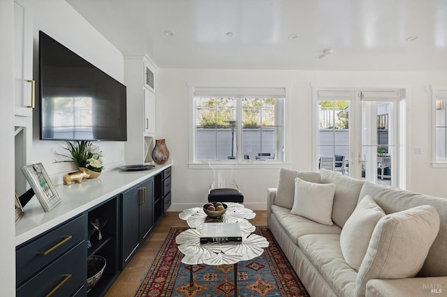 living area with baseboards and dark wood-style flooring